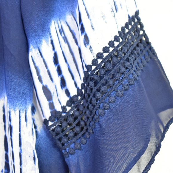 AB Studio Tie Dye Flare 3/4 Sleeve Top Small Navy Sheer Boho High Low Hippie - Picture 5 of 12